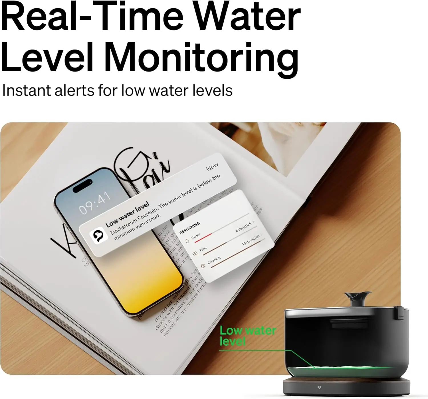 Cat Water Fountain, App Monitoring Pet Fountains for Cats Indoor with Stainless Steel Tray, 2.5L/84oz Dockstream Automa