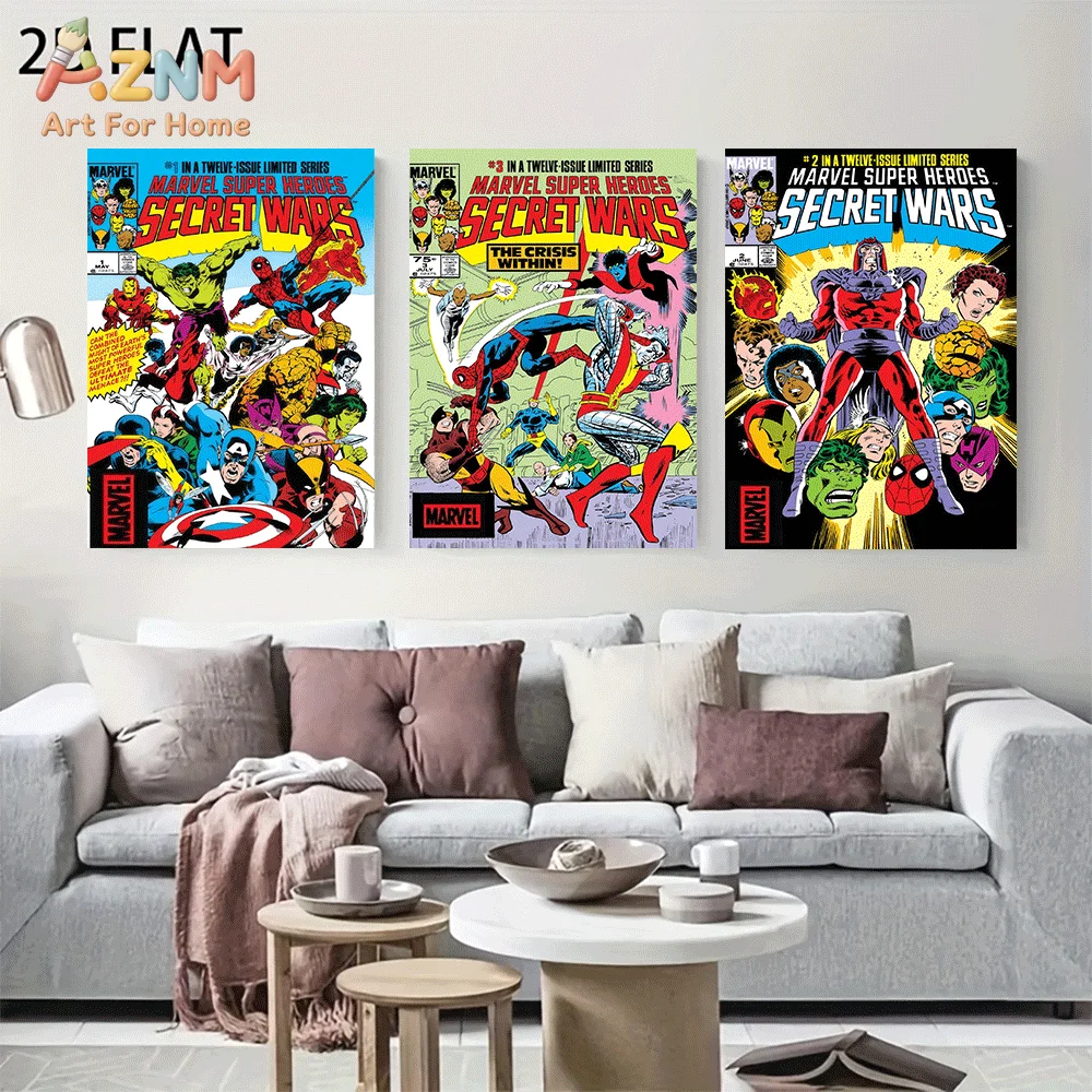 AZNM Marvel Super Heroes Secret Wars Vintage Comic Canvas Wall Art Frameless Poster Retro Classic Comic Cover Print Home Decor f