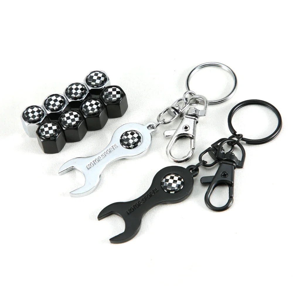 5Pcs Black/White Check Style Zinc Alloy Anti-Theft Car Wheel Tire Valve Cap Stem with Wrench Keychain Ring Spanner Accessories