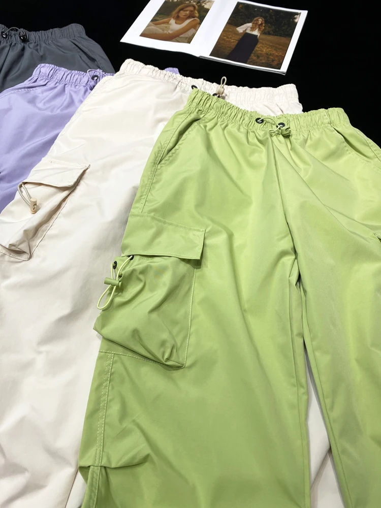 [YOZOU] Drawstring Baggy Cargo Parachute Pants Candy Color Ovesized Loose Trousers Women Y2k Streetwear Rave Pink Green Black
