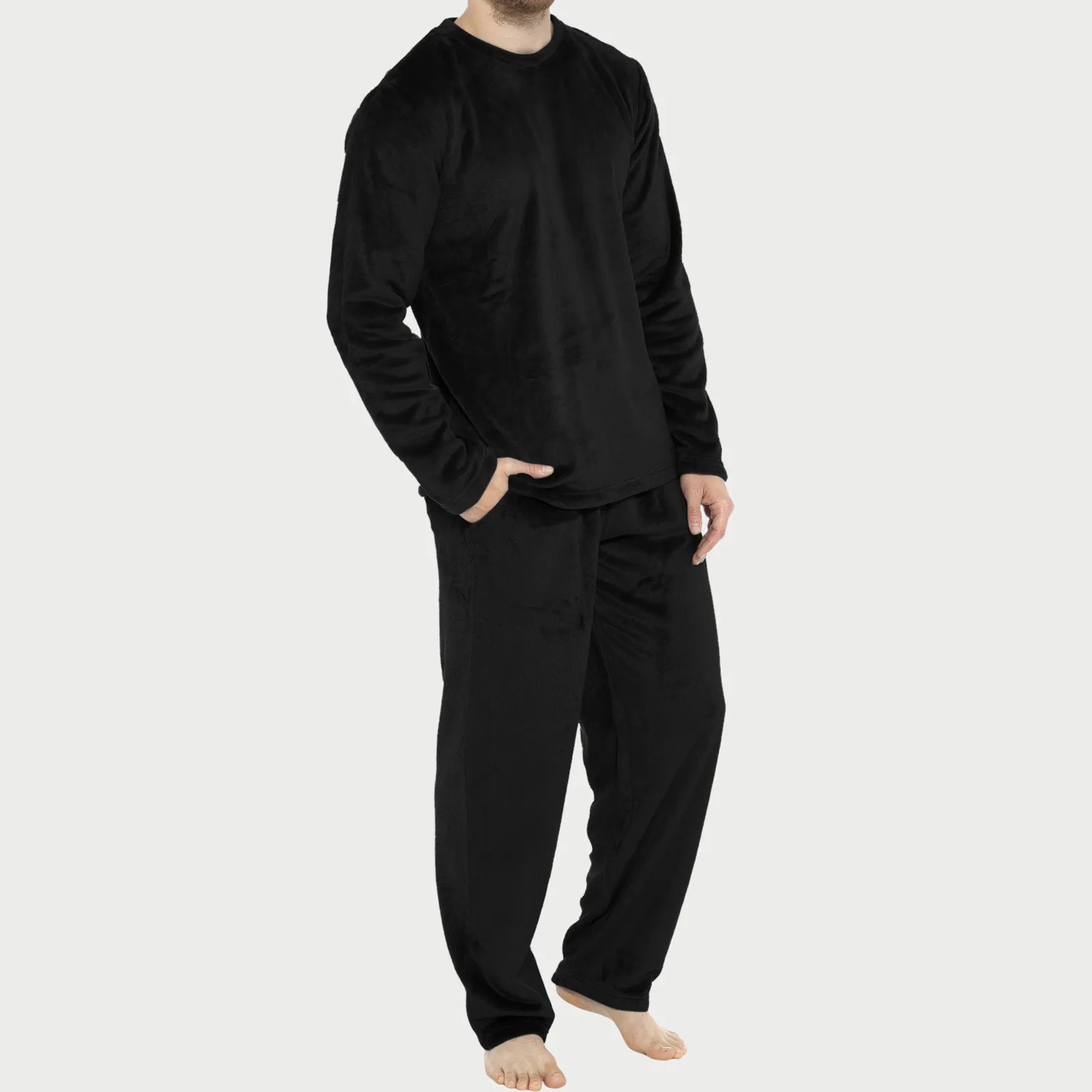 Men’s 2 Piece Velvet Pajama Set Long Sleeve Solid Color Pullover + Pants Set Loungewear