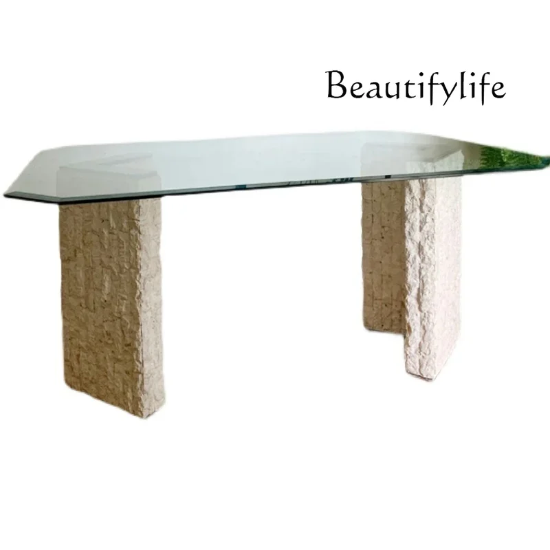M Natural Travertine Dining Table Modern Simple Tempered Glass Square Dining Table Nordic Light Luxury Marble Negotiation Table