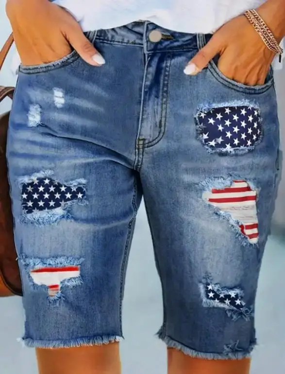 

New Summer Straight Leg Pants with Mid Waist Printed Five-In-A-Row Jeans