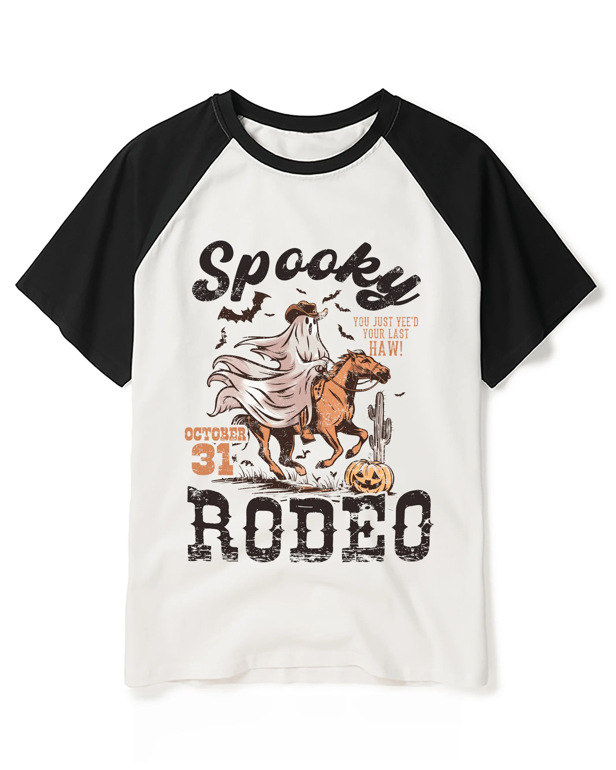 2026 New Halloween Scary Cowboy Competition Theme Raglan T-shirt Western Ghost Cowboy Horse Pumpkin Pattern