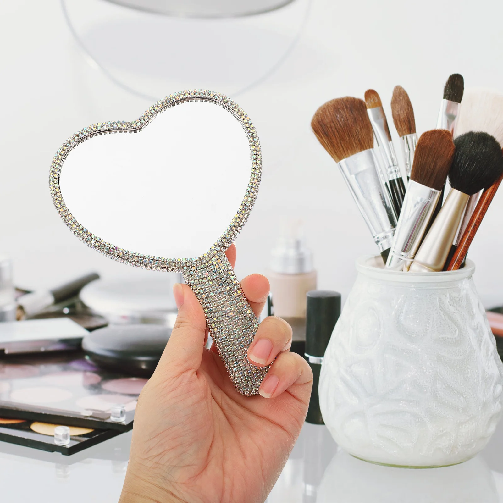 Stylish Rhinestone Hand Mirror Portable Mirror Clear Reflection Safe for Home and Travel Use Female Supply