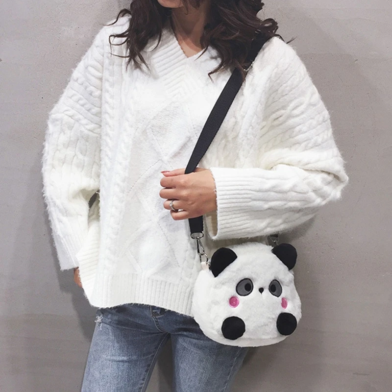 Literary Shoulder Bag Cartoon Panda Cross Body Messenger Bag Plush Handbag Gift for Mother\'s Day Valentine\'s Day  Dropship