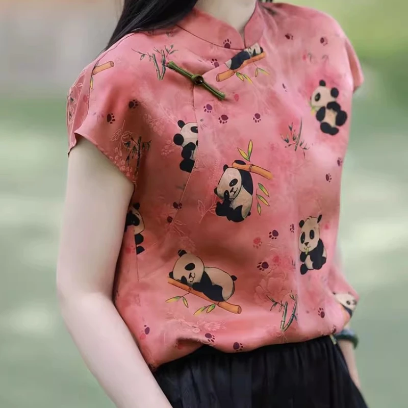 Blusas femininas estilo chinês panda estampa camisas vintage moda slim roupas de verão manga curta tops femininos