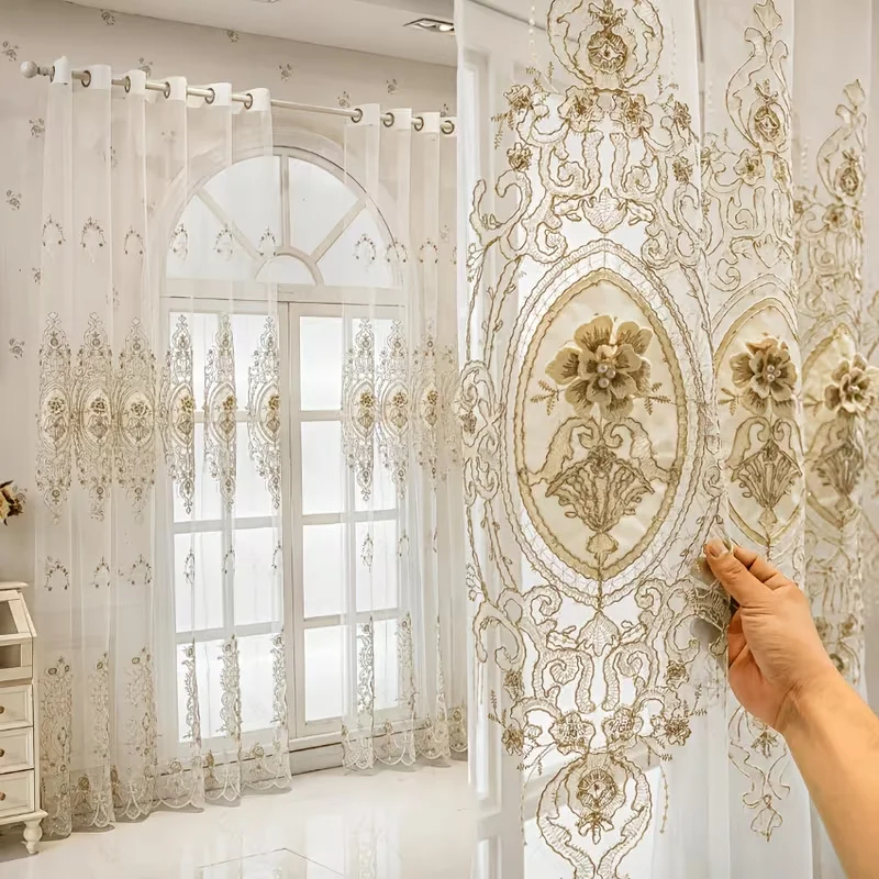 1pc French Luxury 3D Floral Beaded Embroidered Sheer Tulle Curtain, Vintage European Voile Drape for Living Room Bedroom Window