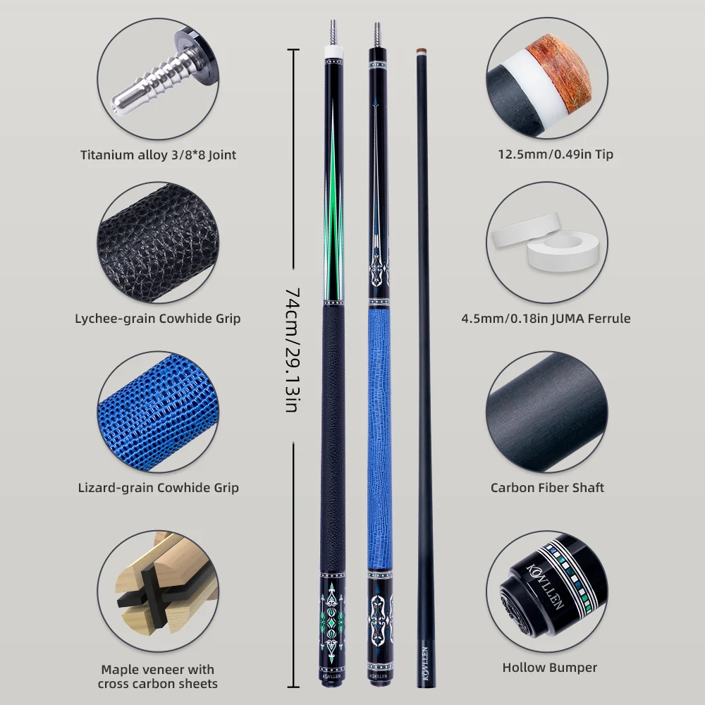 KONLLEN Carbon Fiber Pool Cue Stick 12.5mm Low Deflection Billiard Cue Professional 58 Inch Technology Shaft Billiards Cue Stick