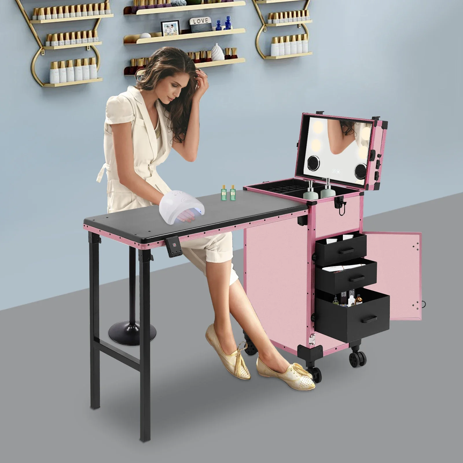 3-Tier Foldable Makeup Trolley with Lockable Drawers and Combination Lock, Mobile Beauty Case with Fold-out Table