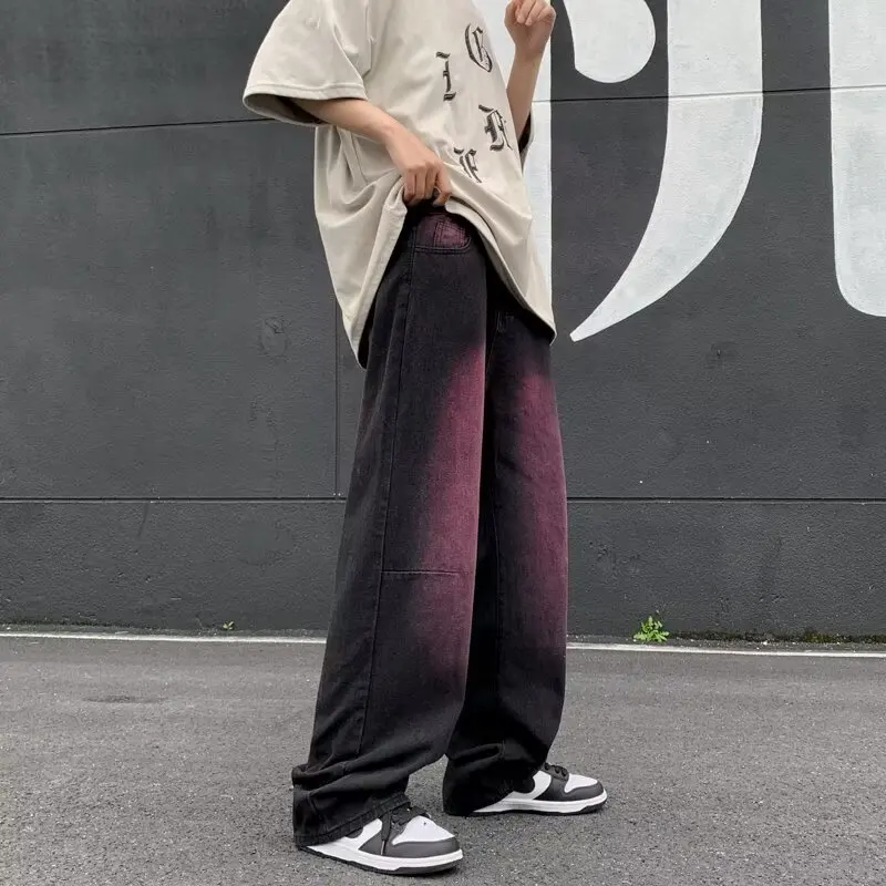 Autumn Vintage Gradient Purple Jeans Korean Casual Fashion Street Style Loose Men Pleated Straight Leg Denim Pants