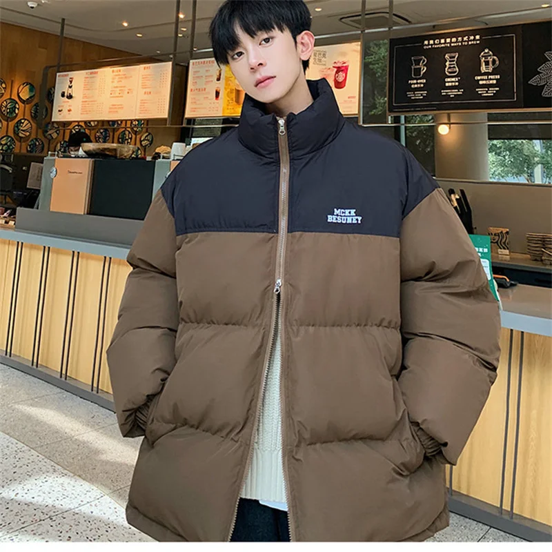 2023 Winter New Youth Fashion Trend Warm Contrast Color Spliced Cotton Coat Men's Casual Loose Versatile Cotton Coat