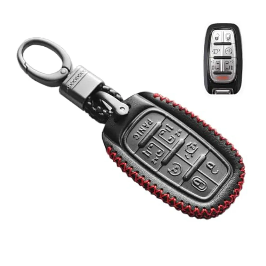 

Compatible with Chrysler Voyager Pacifica 7 Buttons Leather Case Key Fob Cover Keyless Remote Start Control Holder Protector