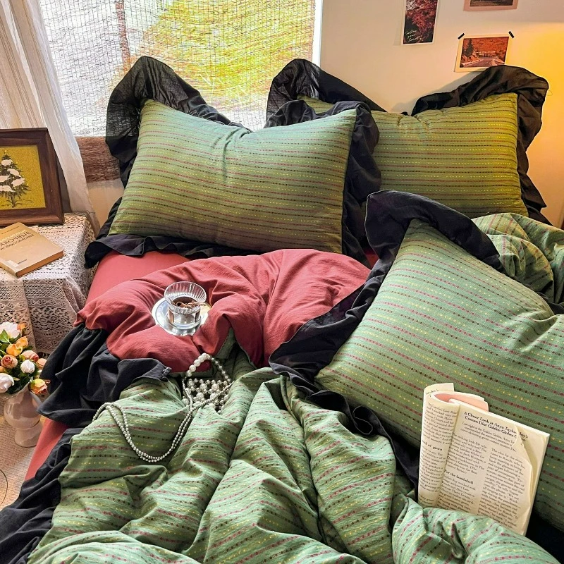 Retro Bedroom 4-piece Set Pure Cotton Hepburn Ruffled Edges Double-layer Yarn Retro Rustic Style Bed Sheets Duvet Bedding