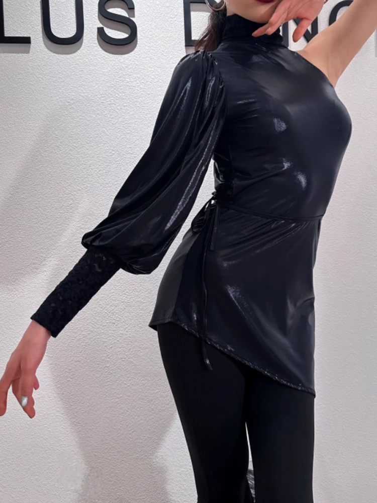 New Latin Dance Slanted Shoulder Glossy Lantern Sleeves Tops Slim Fit Flare Pants Ballroom Prom Waltz Tango Training Suit XH395