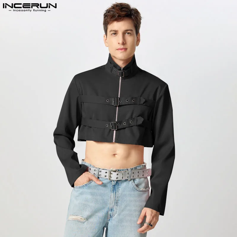 INCERUN Tops American Style Fashion Men Buckle Design Cropped Jackets Coats Sexy Casual Half High Neck Long Sleeved Jackets Coat