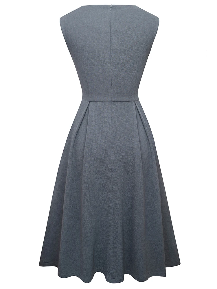 Nice-forever Brief Elegant Solid Color Sleeveless vestidos with Pocket A-Line Women Flare Dress A196