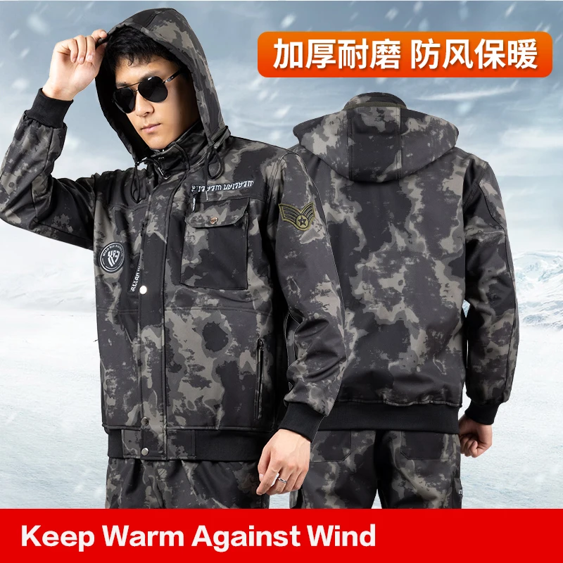 Men\'s Autumn Winter Velvet Camouflage Workshop Overalls Suit Outdoor Windproof Waterproof Sports Ski Mountaineering Jacket