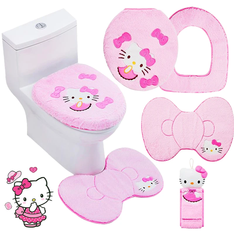 

New Kawaii Hello Kitty Plush Toilet Mat Non-Slip Floor Mat Cartoon Kt Cat Toilet Cover Pad Paper Holder Bathroom Antiskid Carpet