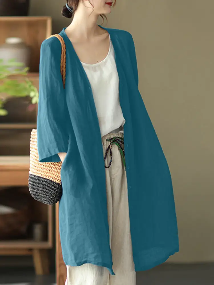 2025 herbst Strickjacke ZANZEA Frauen Vorne Offen Kimono Dünne Mäntel Casual Langarm Blusen Weibliche Cover Up Solide Lange Strickjacken
