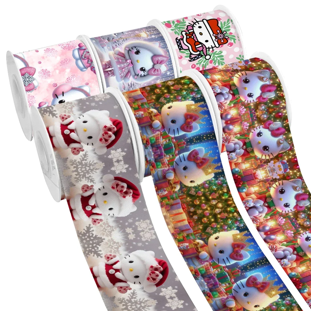 MINI Christmas Hello Kitty Sanrio Cartoon Printed Grosgrain Satin Ribbon for Gift Wrapping Hair Bow Craft Accessory 50 Yards