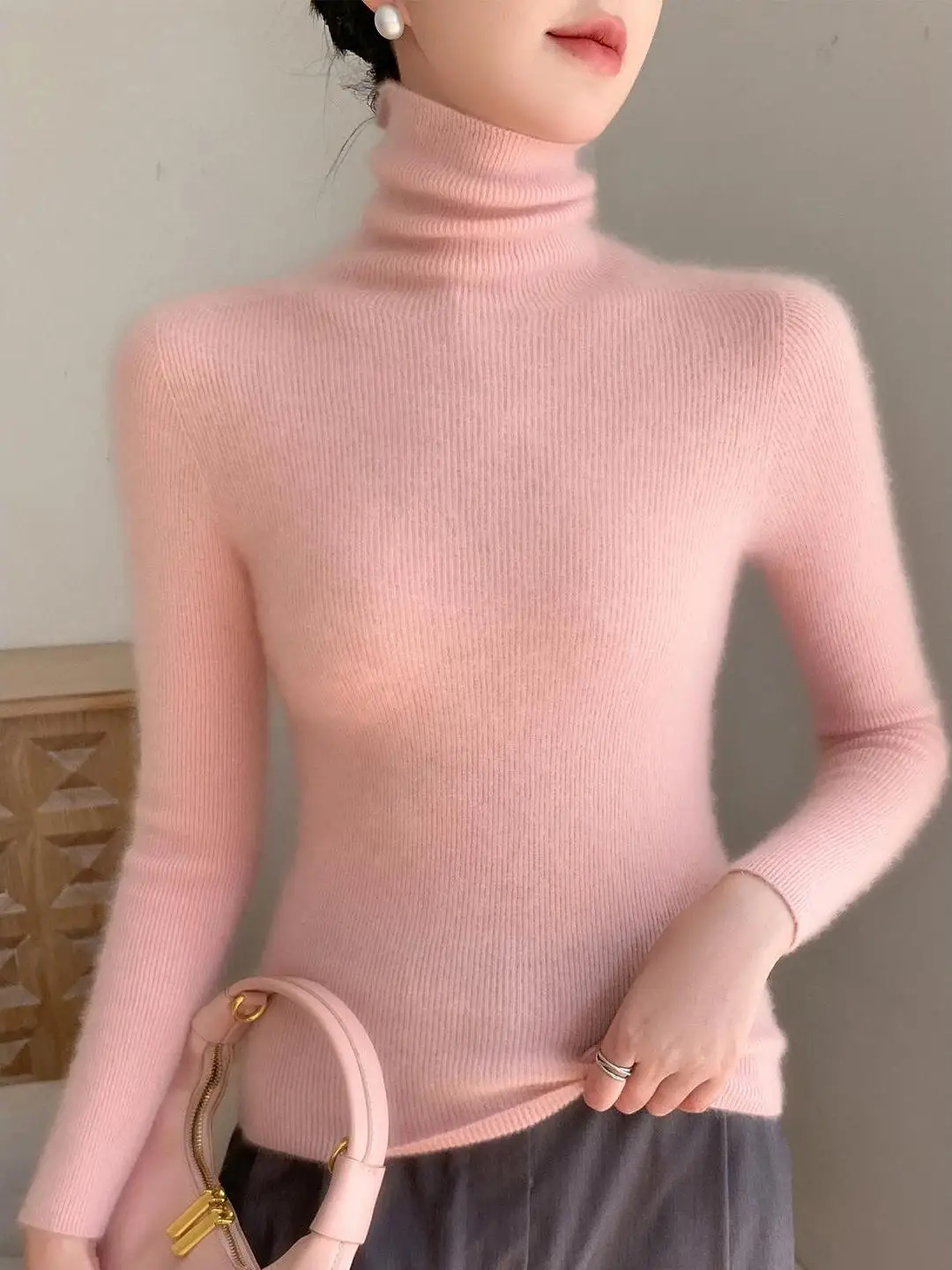 القهوة البني عالية الياقة المرأة قاعدة irt Sl محبوك سترة ثي الشتاء سترة تخفيف Sle نسيج ناعم طويل Sve #2