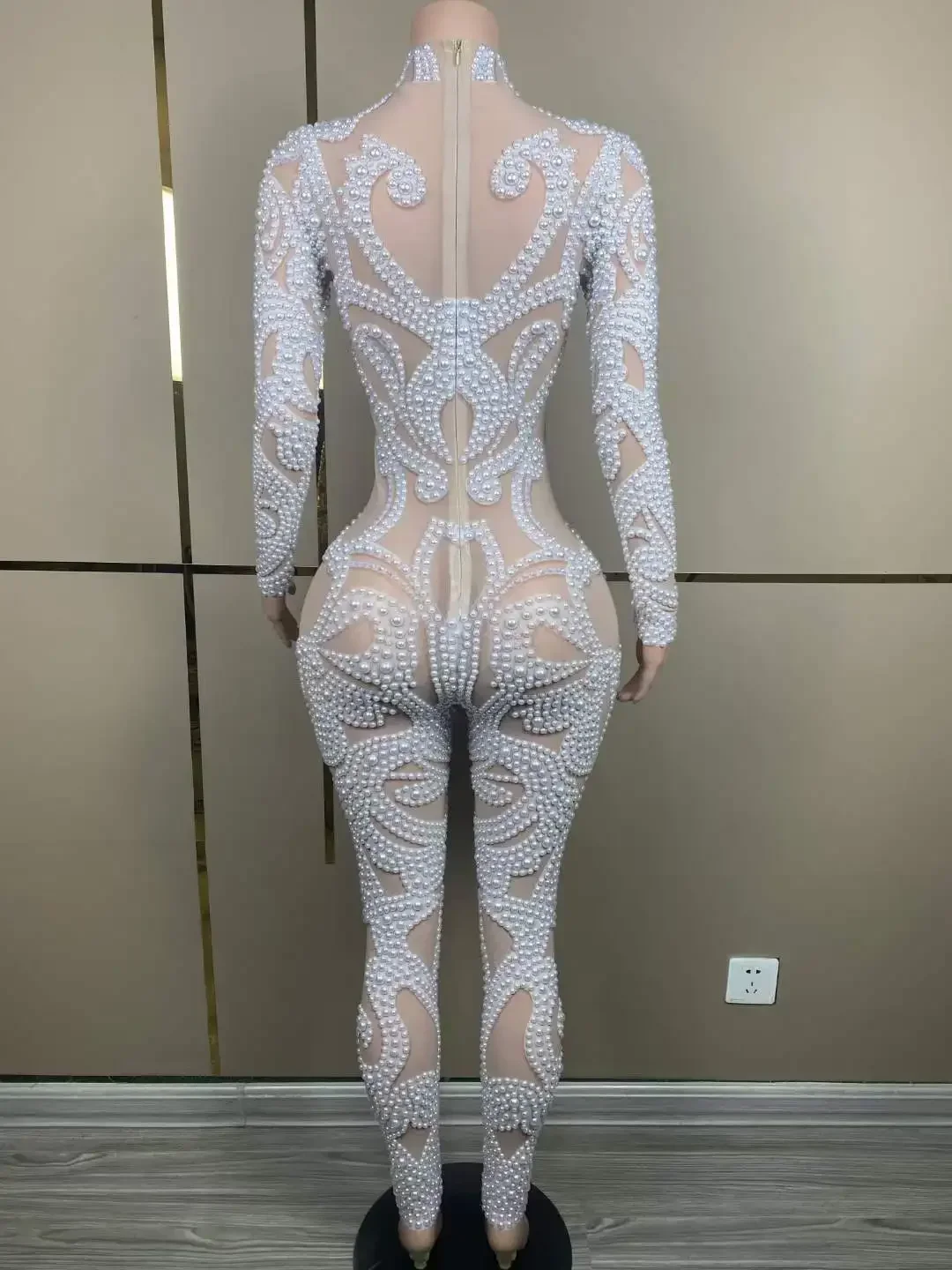 Sparkly Beaded Full Pearl Luxury Women Jumpsuits Wedding Party Birthday Queen Stage Performance Wear White Dance Costume