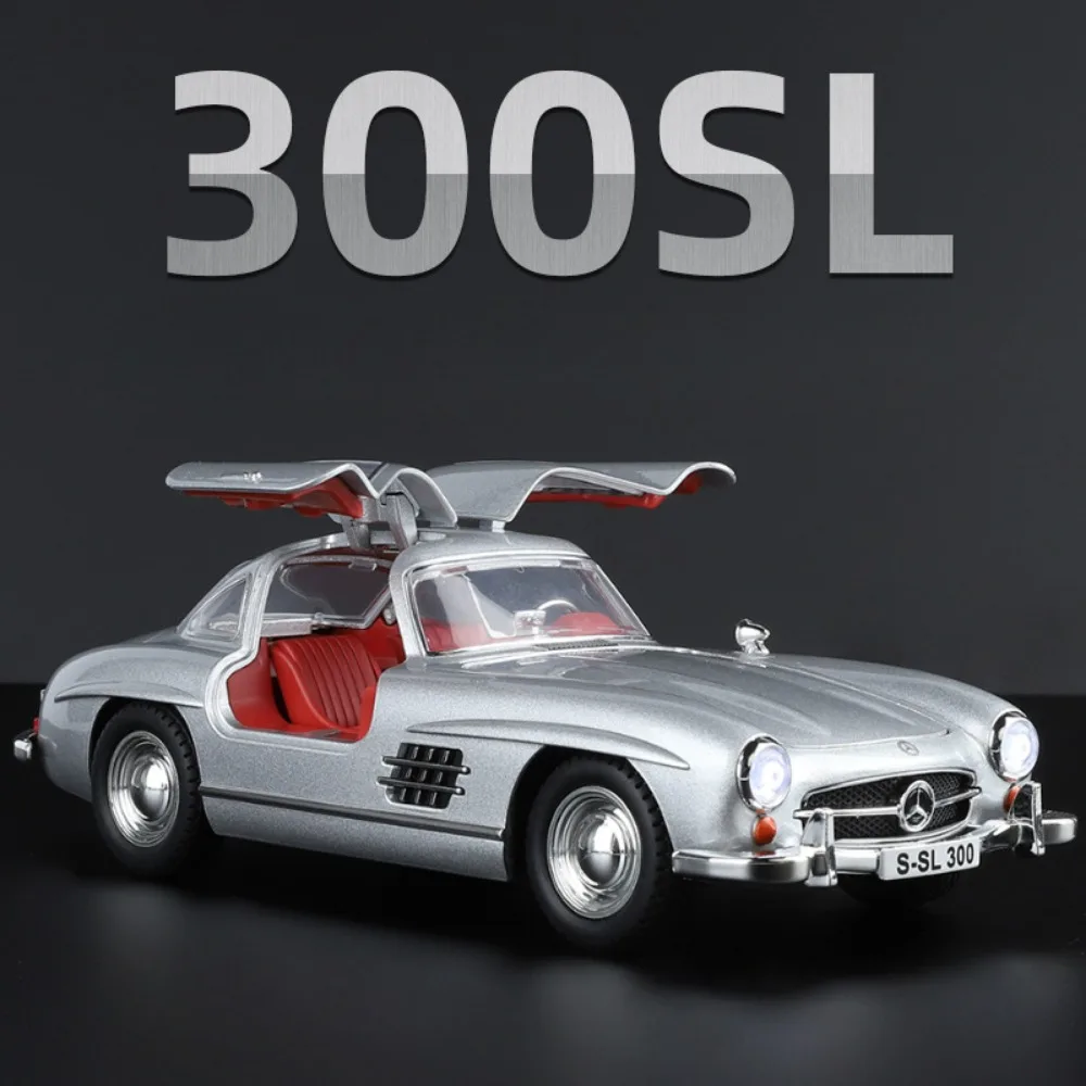 Modelo de coche clásico 300SL a escala 1:24, juguete con luz de sonido, adornos para tirar hacia atrás, absorción de impacto, 4 puertas, vehículo abierto, regalos para niños