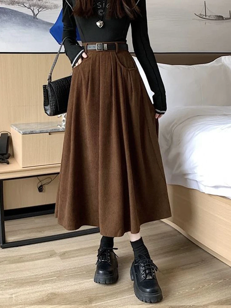 Corduroy Belt Long Skirt Women Sweet Preppy Style Vintage Loose High Waist Skirts Fall Winter Female Casual Retro A Line Skirt