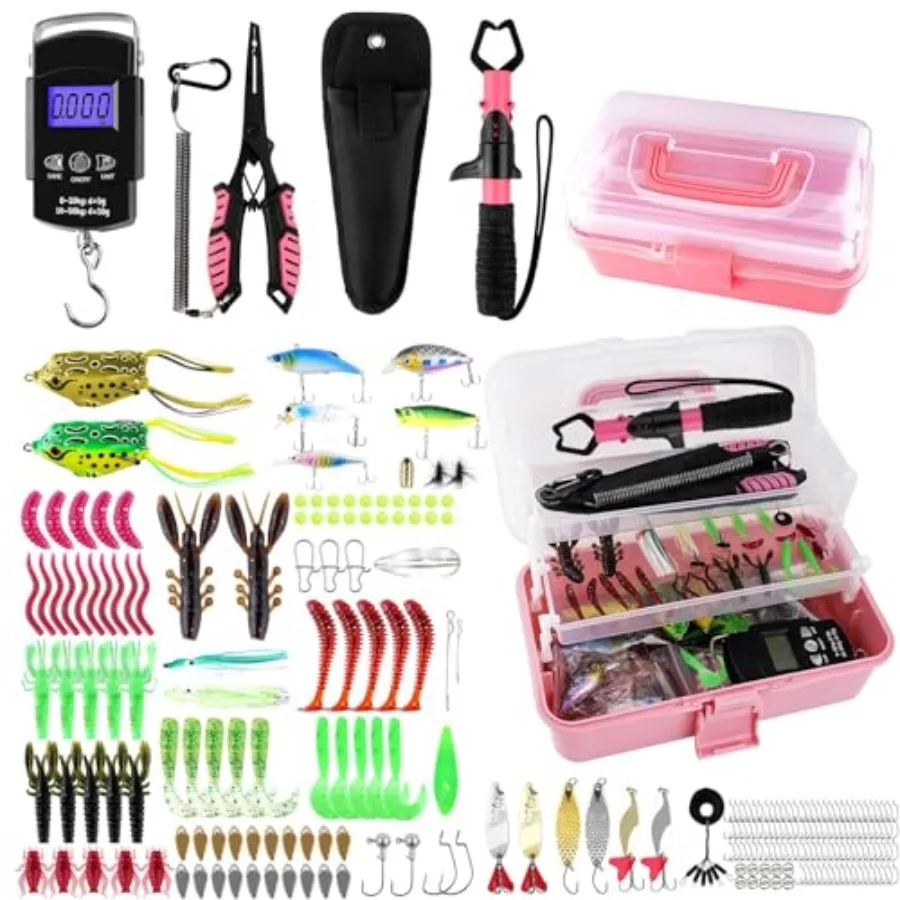 

3-Layer Pink Fishing Tackle Box with Tackle Included Fishing Tools Kit Includes Pliers Fish Lip Gripper Scale Crankbait Spinner