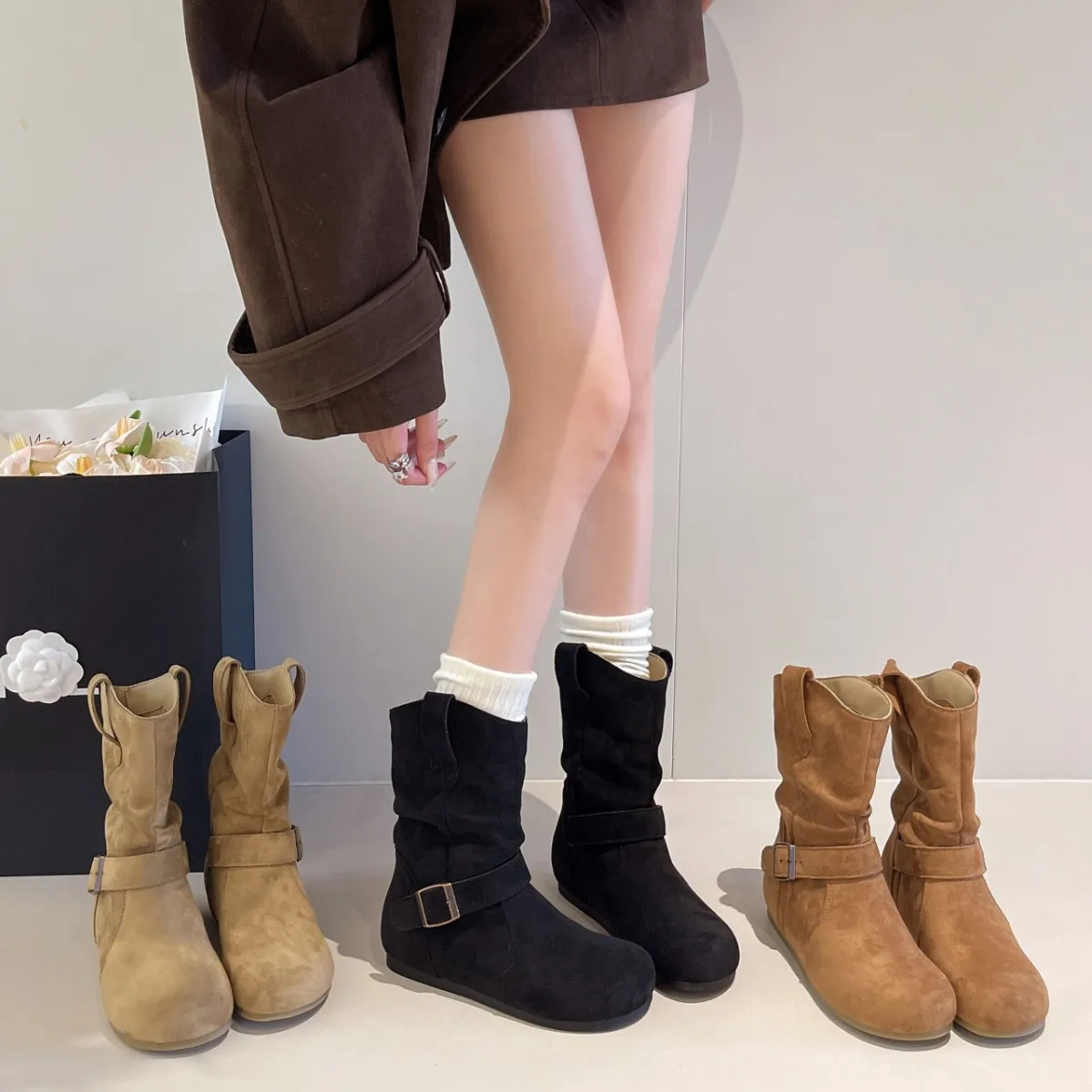 Short boots versatile retro pile up boots Boken women's boots autumn and winter thick soled women's boots