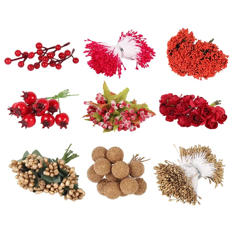 6/8/10/12/50/70/90pcs Mixed Artificial Flower Cherry Stamen Berries Bundle DIY Christmas Wedding Cake Gift Box Wreaths Decor