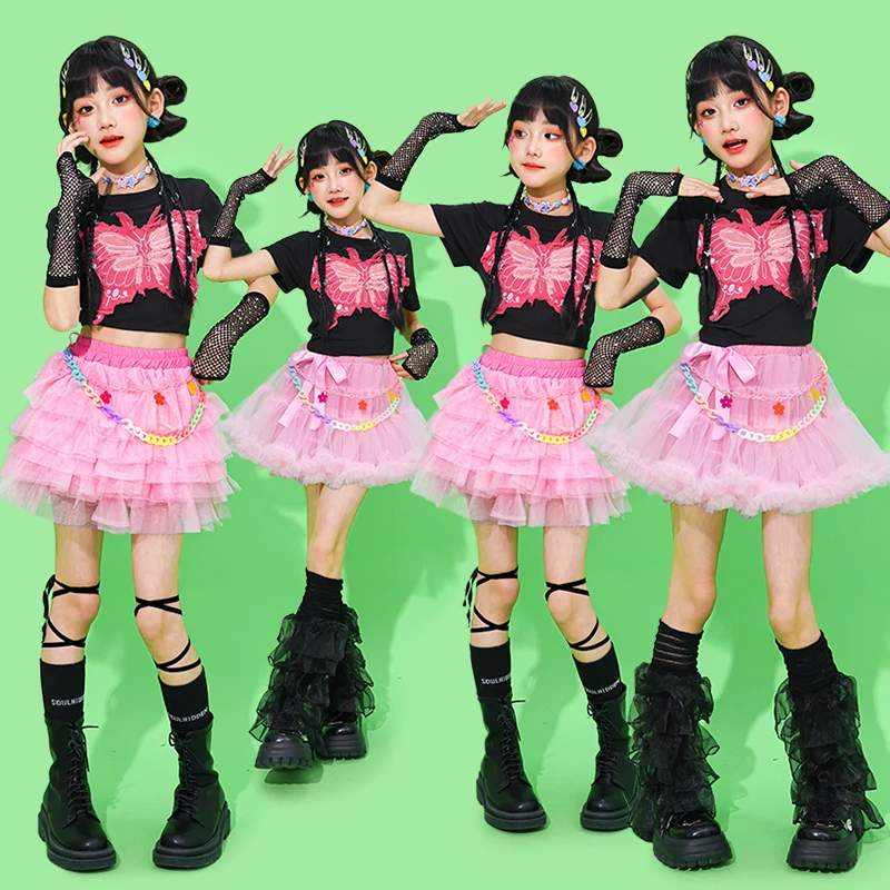 Menina hip hop roupas lantejoulas colheita topos rosa tutu saias criança k-pop streetwear criança jazz menina grupo roupas de dança de rua conjunto