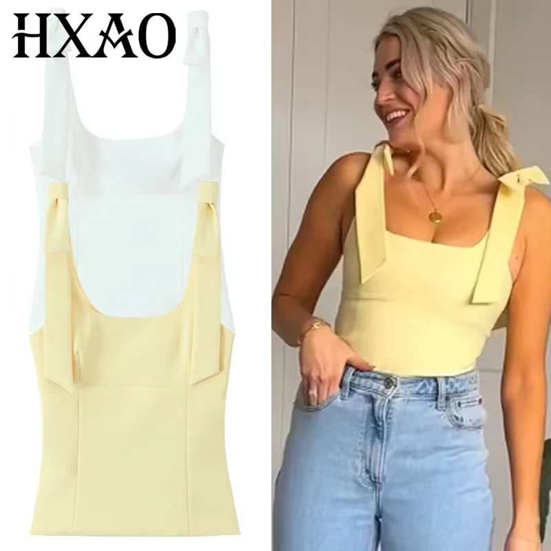 HXAO-Top corto de mariposa para mujer, Top sin mangas amarillo y blanco con bonito lazo y hombros descubiertos, camisetas sin mangas y sin espalda
