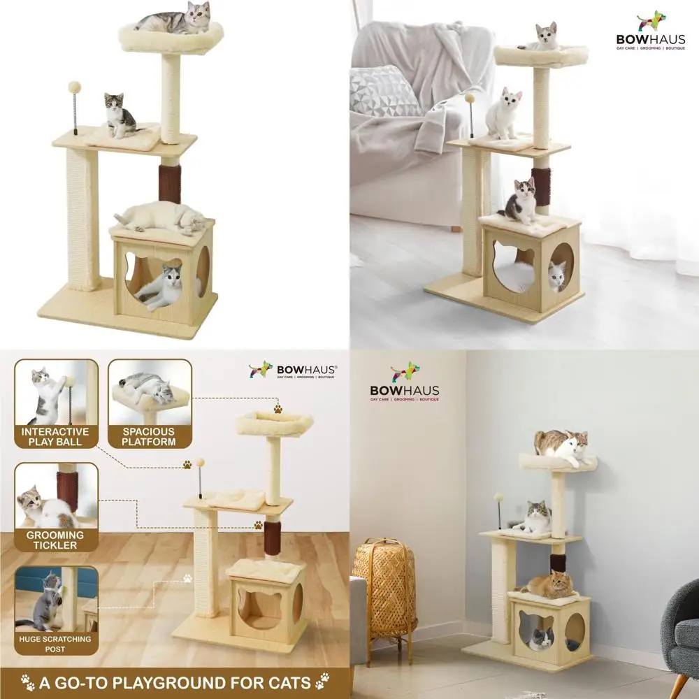 

42 Indoor Wooden Cat Tower with Cave, Perch, Scratching Posts, Grooming Tool, Detachable Cushion & Interactive Balls
