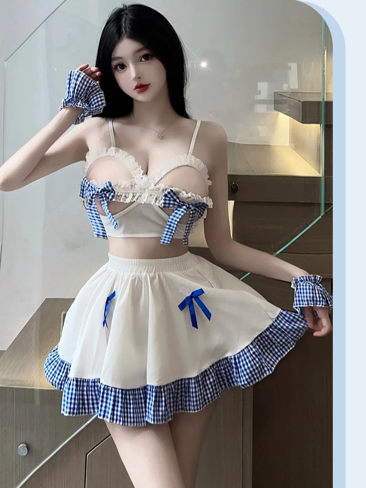 일본 애니메이션 메이드 코스프레 코스튬 여성 섹시 란제리, 할로우 가슴 유니폼, 롤플레잉 스위트 여고생 의상, 나이트 클럽웨어