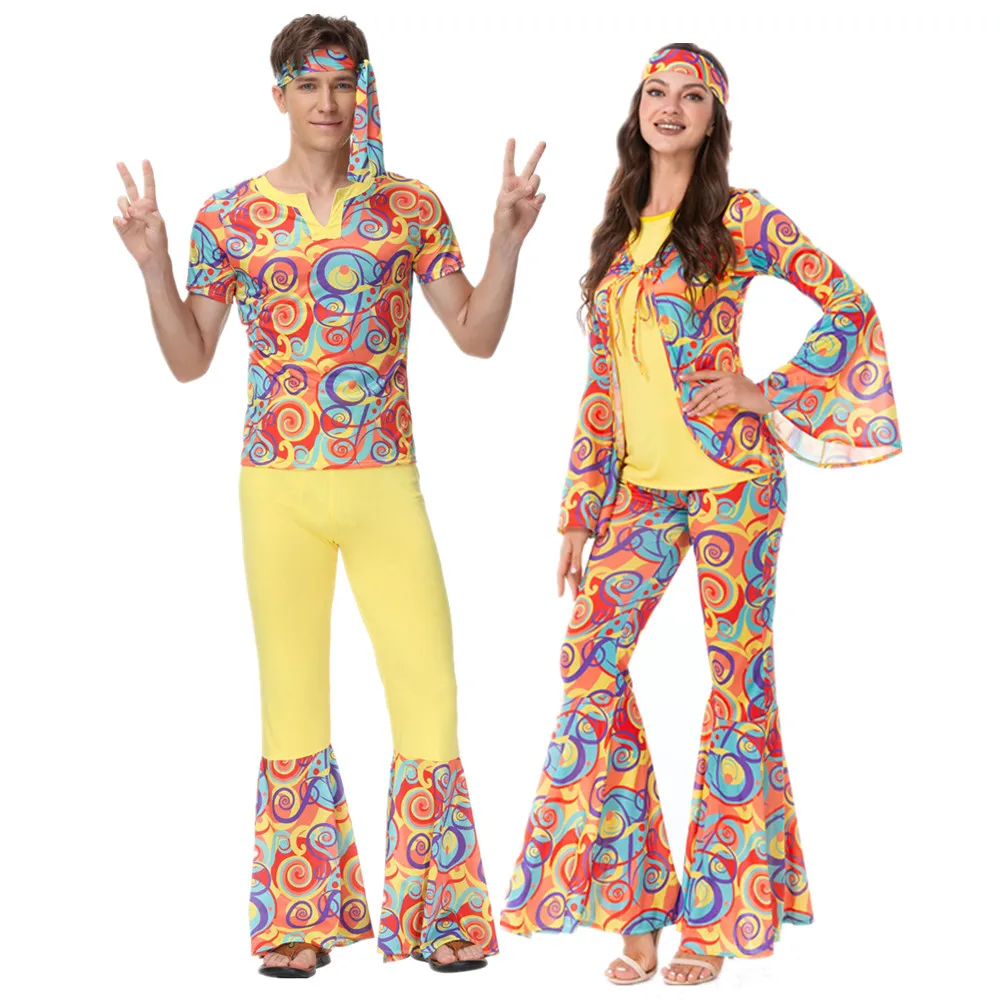 

Couple Costume Party Hippie Retro 70s Peace Love Heart Costume Outfit Rock Disco Men Women Hippie Bell Bottom Cosplay Costume