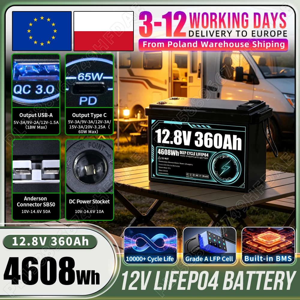 Nuova batteria LiFePO4 da 12V 360Ah ad alta capacità, supporta 10.000 cicli profondi, grado A, pacco celle ricaricabili al litio ferro fosfato da 12,8V per camper, sistemi solari domestici, accumulo