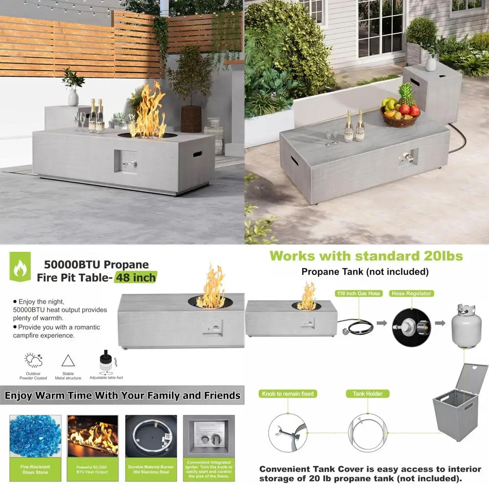 

High-Capacity 50,000 BTU Propane Gas Fire Pit Table with 48 Rectangle Design, Lid, Rocks, Cover, Tank Storage, and Round Burner