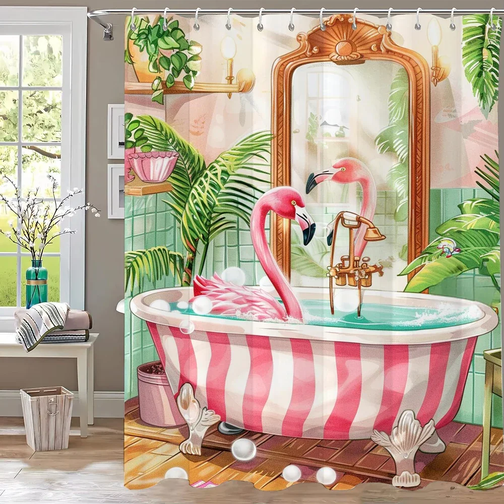 Flamingo Bathing in Pink bathtub Shower Curtain, Floral Art Bathroom Decorative Curtain, Printed Polyester Curtain with Hooks