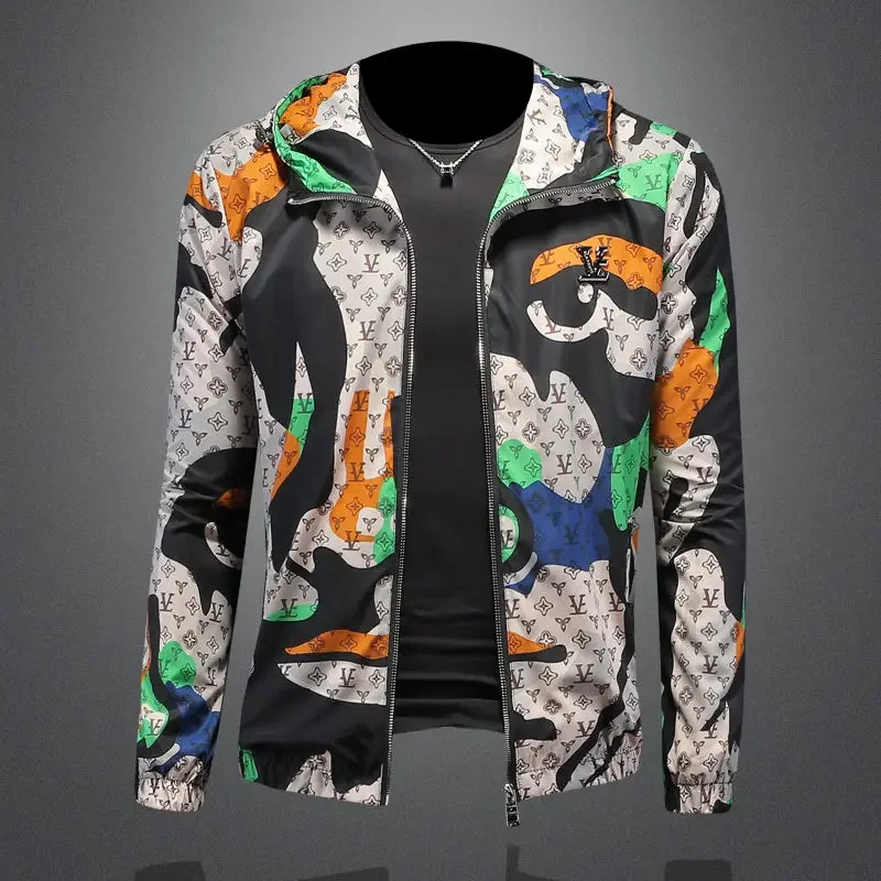 summer new men's Korean version slim-fit hooded jacket sunscreen clothes printed casual jacket