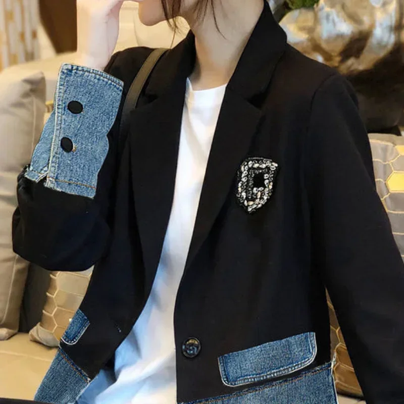 OupillMix-Manteau en Jean avec Strass pour Femme, Veste en Denim Imprimée Bleue avec Diamants et Paillettes, Printemps et Automne