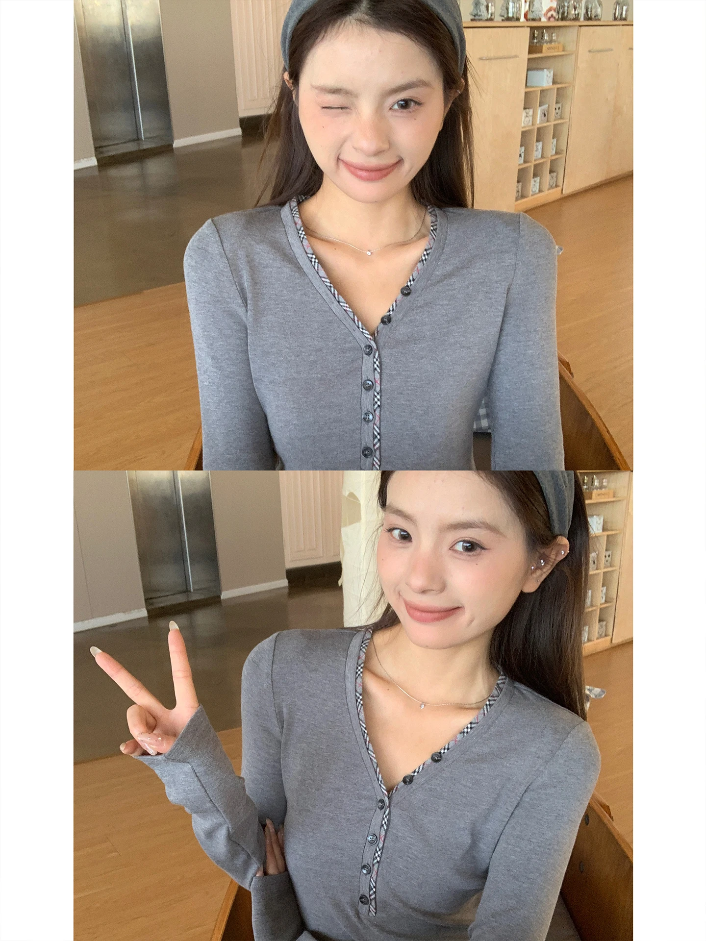 

FAN Beautiful Plaid Splicing V-ne Long Sve Women's Slim Fit Design Sense Inner Wear Base irt Top Korean Sle T-irt