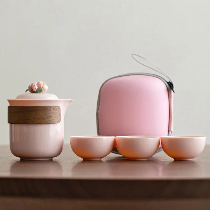 Pink Pure Handmade Floral Small Fresh Tea Set for Women, Hand-held Pot, Travel Tea Set, One Pot Three Cups, Portable Quick-serve