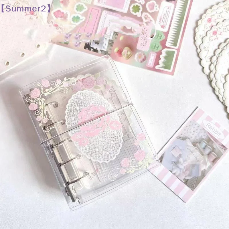 PVC M5 Pocket Notebook With Elastic Band 5 Hole Loose Leaf Notebook Romantic Vine Rose Print DIY Scrapbook Journal〔Sum2〕