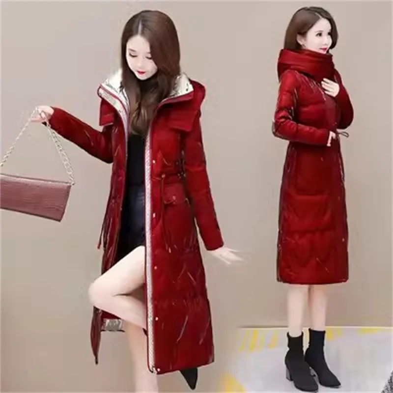 

2023 Winter Down Cotton-padded Jacket Women Bright and Colorful Long Thick Cotton-padded Jacket Slim Knee Waist High-end Outwear