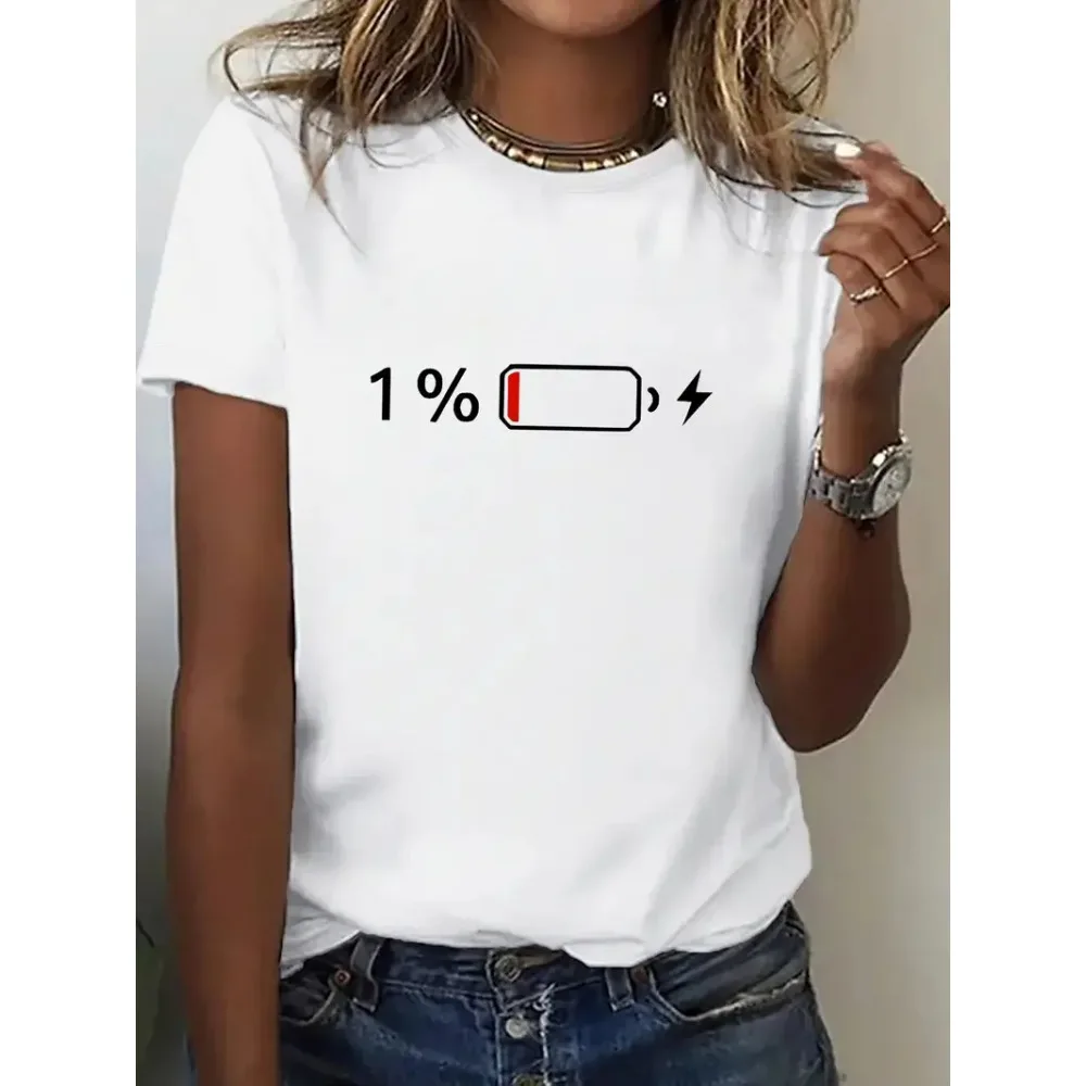Shirt 1% Battery Print Women Graphic Casual T-Shirt Round Neck Short Sleeve Classic Design Humorous Design for Casual Attire