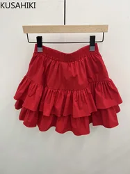 KUSAHIKI Korea's 2024 Summer New Fashion Sweet Red Cake Short Skirt High Waist A-line Half Skirts for Women