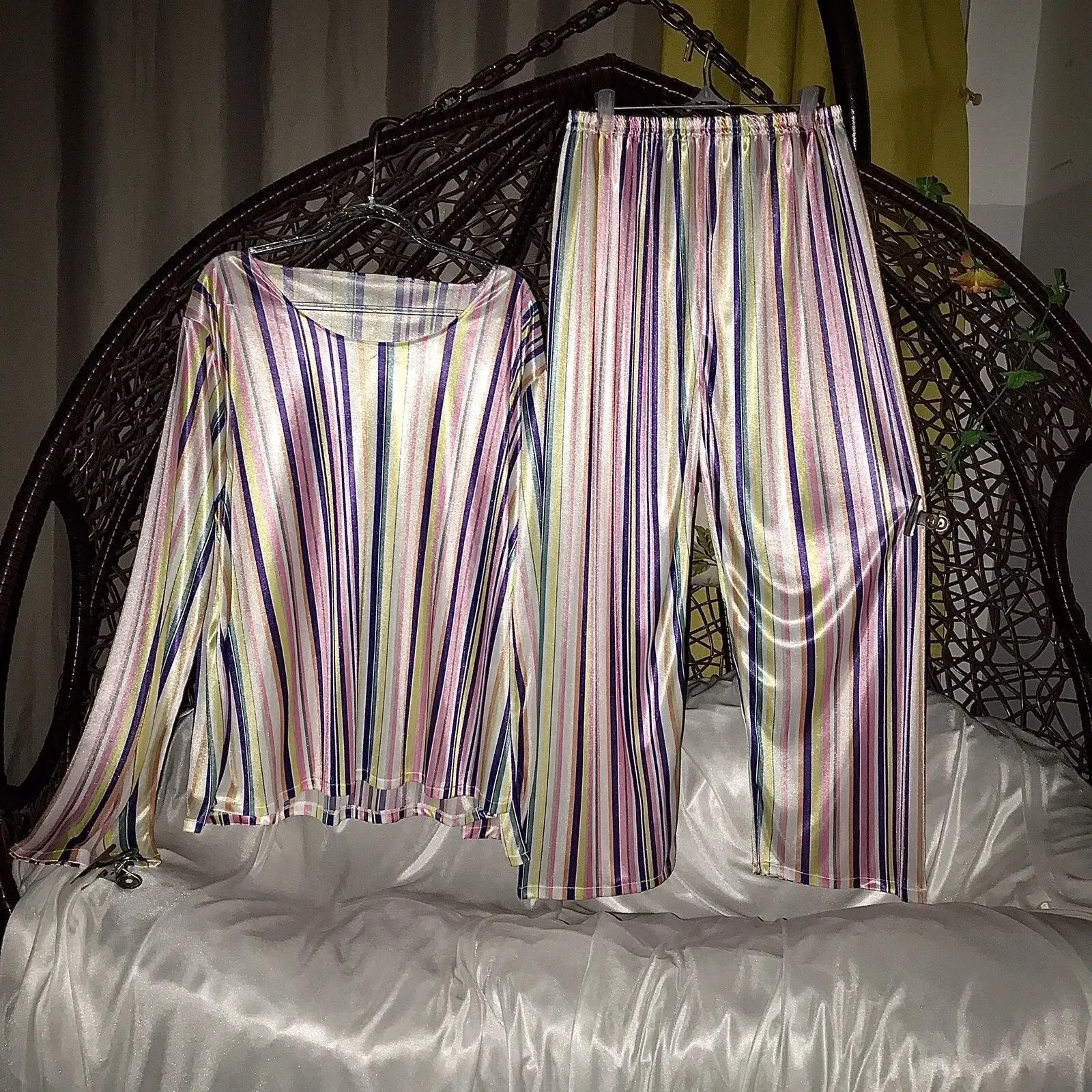 Glossy Ice Silk Satin 2 Pieces Set Long Sleeve Top Sleeping Pants Bottoms