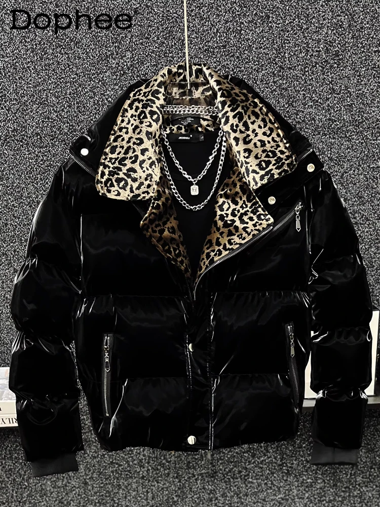 

High-End Leopard Print Splicing Faux Two-Piece Parkas Men 2025 Winter New Parkas Thickened Warm Stylish Long Sleeve Chic Jackets